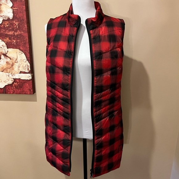 NWT J Jill Great True Red Twill Plaid Down Side-Zip Long Down Vest, size Med - Picture 2 of 5